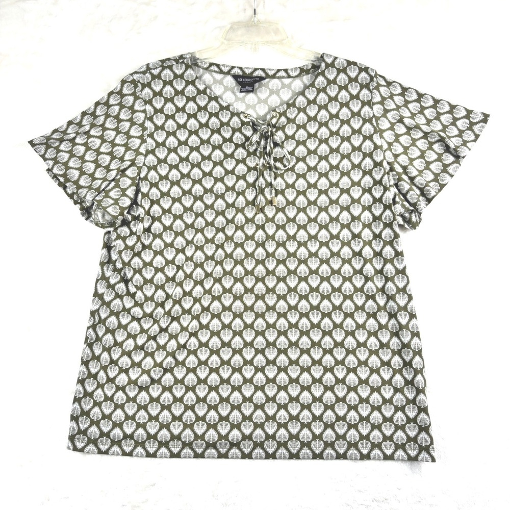 Liz Claiborne Top XL Career Olive Green‎ White Leaf Print Flutter Sleeve